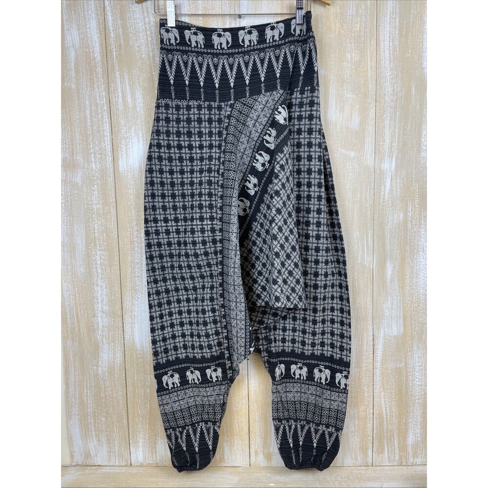 Elephant Print Harem Pants 26” Waist Elastic Waist Back With Front Pocket